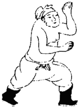 Dessin de la posture 32, « la posture du drapeau et du tambour » : figure de l&rsquo;édition du Jixiao xinshu (1560) reproduite avec son texte dans l&rsquo;article de Brennan