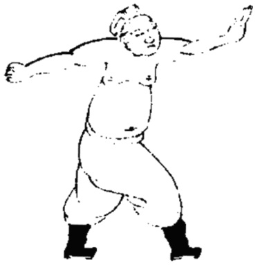 Dessin de la posture 4, « le fouet unique rompu » : figure de l&rsquo;édition du Jixiao xinshu (1560) reproduite avec son texte dans l&rsquo;article de Brennan