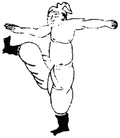 Dessin de la posture 7, « le pied suspendu » : figure de l&rsquo;édition du Jixiao xinshu (1560) reproduite avec son texte dans l&rsquo;article de Brennan