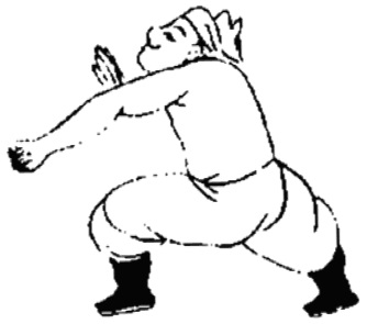 Dessin de la posture 9, « l&rsquo;enfoncement vers le bas » : figure de l&rsquo;édition du Jixiao xinshu (1560) reproduite avec son texte dans l&rsquo;article de Brennan