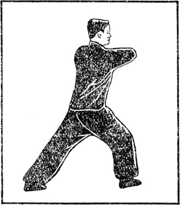 Cinquième posture : le coude droit s&rsquo;empile vers le bas, la paume gauche montant à sa rencontre, planche de l&rsquo;édition de 1954