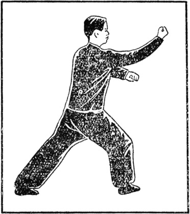 Sixième posture : la main gauche ferme de haut en bas et le poing droit s&rsquo;effondre, planche de l&rsquo;édition de 1954