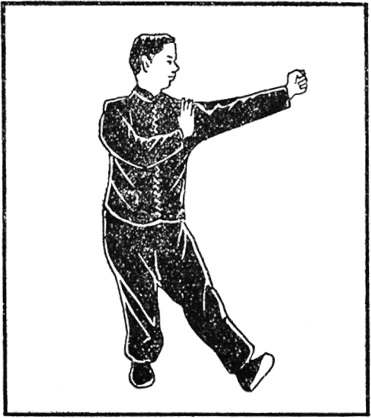 Douzième posture : la main gauche fend vers le bas et heurte la paume droite à mi-course, planche de l&rsquo;édition de 1954