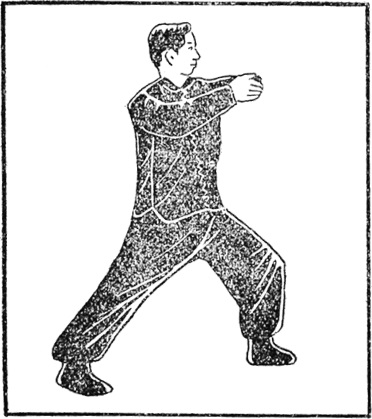 Quatorzième posture : le coude gauche s&rsquo;empile vers l&rsquo;avant, la paume droite soutenant par en dessous, planche de l&rsquo;édition de 1954