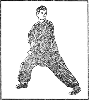 Dix-huitième posture : les pas se renversent en « avaler et s&rsquo;affaisser » à droite, le poing gauche redescendant, planche de l&rsquo;édition de 1954
