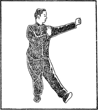 Vingt-deuxième posture : retrait en biais vers la gauche, la main gauche montant au-dessus de la tête puis décrivant un cercle, planche de l&rsquo;édition de 1954