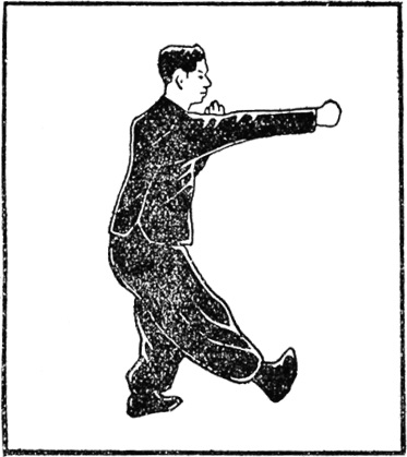 Vingt-troisième posture : retrait en biais vers la droite, la main droite montant au-dessus de la tête puis décrivant un cercle, planche de l&rsquo;édition de 1954
