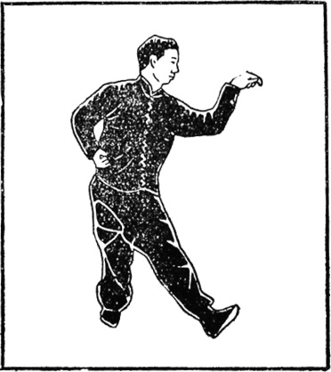 Trentième posture : crochet de la main gauche, le poing droit revenu à la taille, planche de l&rsquo;édition de 1954