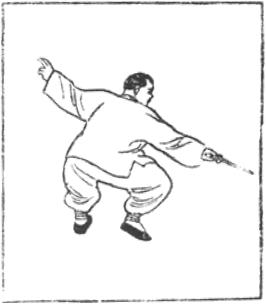 Dessin de la posture 21, le dragon noir balance sa queue (烏龍擺尾), manuel de taiji jian de Chen Yanlin, 1943