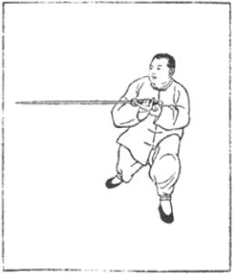 Dessin de la posture 23, le lion secoue la tête, partie 2 (獅子搖頭), manuel de taiji jian de Chen Yanlin, 1943