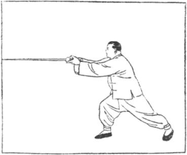 Dessin de la posture 25, le cheval sauvage saute le ravin (野馬跳澗), manuel de taiji jian de Chen Yanlin, 1943