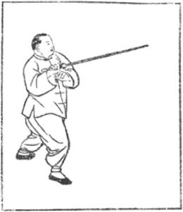 Dessin de la posture 28, épousseter la poussière contre le vent, partie 1 (迎風撣塵), manuel de taiji jian de Chen Yanlin, 1943
