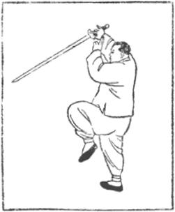 Dessin de la posture 32, soulever le rideau (挑簾式), manuel de taiji jian de Chen Yanlin, 1943