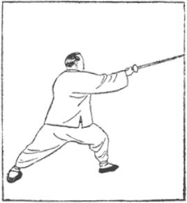 Dessin de la posture 35, le rokh déploie ses ailes (大鵬展翅), manuel de taiji jian de Chen Yanlin, 1943