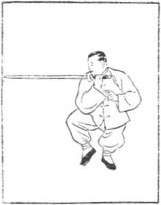 Dessin de la posture 37, embrasser la lune (懷中抱月), manuel de taiji jian de Chen Yanlin, 1943