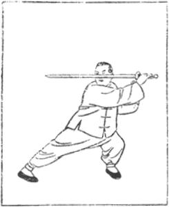 Dessin de la posture 39, le rhinocéros regarde la lune (犀牛望月), manuel de taiji jian de Chen Yanlin, 1943