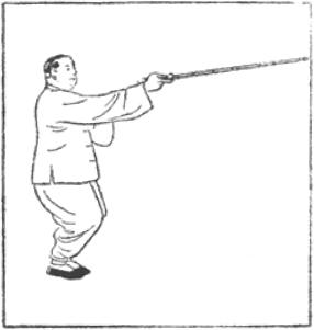 Dessin de la posture 41, le dragon vert étend sa griffe (青龍探爪), manuel de taiji jian de Chen Yanlin, 1943