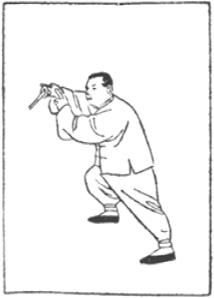 Dessin de la posture 43, parade transversale de droite (右跨攔), manuel de taiji jian de Chen Yanlin, 1943