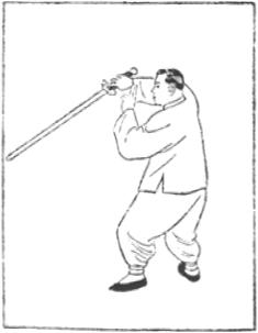 Dessin de la posture 50, le dragon noir s&rsquo;enroule au pilier, partie 1 (烏龍絞柱), manuel de taiji jian de Chen Yanlin, 1943