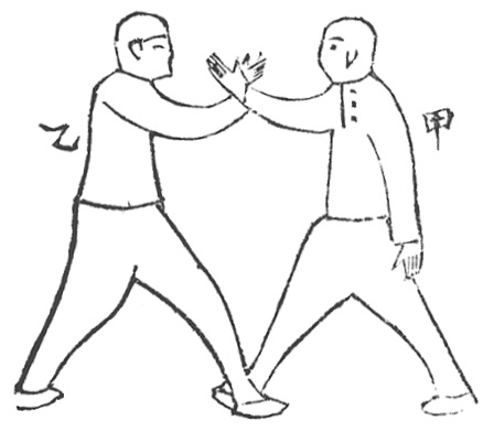 Figure 1 de l&rsquo;édition de 1931 : poussée des mains à pas communs, les deux partenaires A (甲) et B (乙) en posture d&rsquo;écarter (掤)