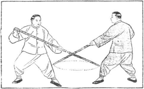 Planche originale du Taiji zha gan de Chen Yanlin (1943) : poussée à deux en cercle horizontal, posture de percer la jambe