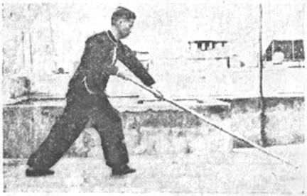 Posture 3 — Pas enjambant le tigre, broyer la lance (figure 3a)