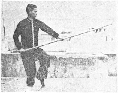 Posture 3 — Pas enjambant le tigre, broyer la lance (figure 3b)