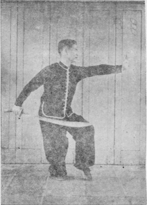Posture 53, figure finale (planche 53d) : le bond vers le pas de chevaucher le tigre à gauche, le sabre retombant en diagonale, la main gauche perçant devant
