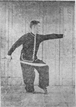 Posture 8, figure finale (planche 8d) : le bond vers le pas de chevaucher le tigre à gauche, le sabre retombant en diagonale, la main gauche perçant devant