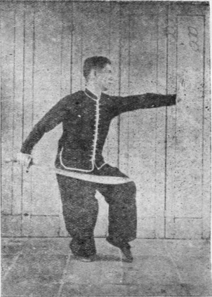 Posture 14, figure finale (planche 14d) : le bond vers le pas de chevaucher le tigre à gauche, le sabre retombant en diagonale, la main gauche perçant devant
