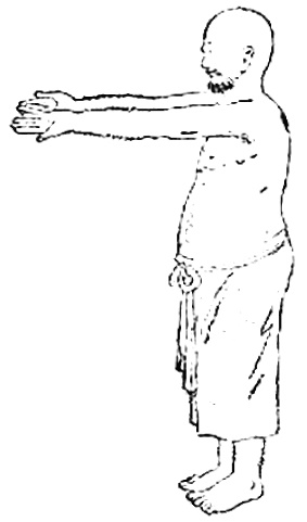 Douzième figure : les bras levés à hauteur d’épaule, talons soulevés, puis les coudes piquant vers le bas (dessin de l’édition de 1936)