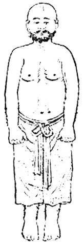 Deuxième figure : les poings devant les cuisses, paumes collées aux jambes, pouces relevés vers le haut (dessin de l’édition de 1936)