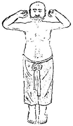 Sixième figure : les coudes pliés, les poings ramenés près des oreilles, paumes tournées vers les épaules (dessin de l’édition de 1936)