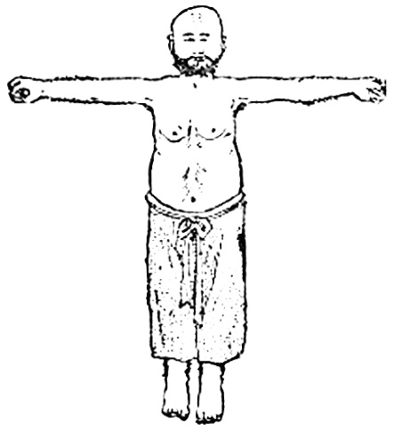 Septième figure : les poings écartés en ligne à hauteur d’épaule, buste légèrement renversé, pointes de pied soulevées (dessin de l’édition de 1936)