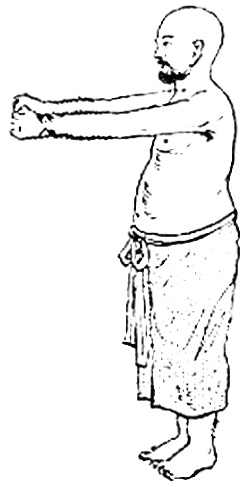 Huitième figure : les poings levés devant à hauteur d’épaule, talons soulevés, appui sur les orteils (dessin de l’édition de 1936)