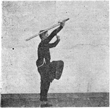 Posture 23 (planche 23) : la posture sur une jambe à gauche, l&rsquo;épée portée en diagonale