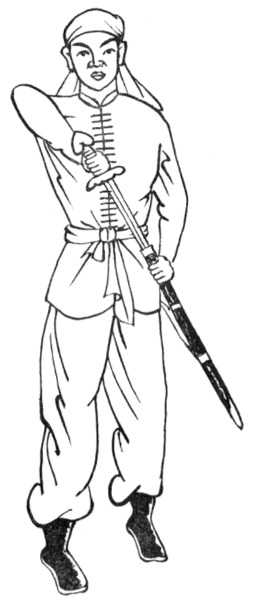 Dessin de Zheng Xiang : un guerrier dégainant son épée, planche de l&rsquo;édition de 1958