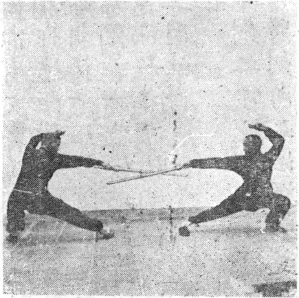 Entraînement à deux, assaut 2 (planche sparring 2) : A balaie vers la taille, B jette la jambe et oppose l&rsquo;épée en travers