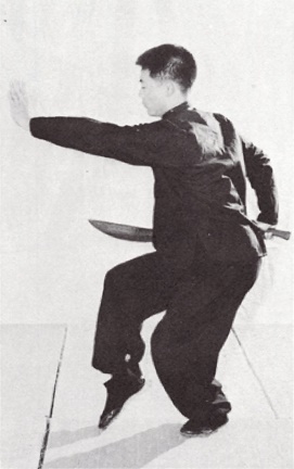 Posture 11 (planche 11) : le pied gauche levé, puis le sabre tiré par-dessus le dos, pareil à la figure finale de la neuvième posture