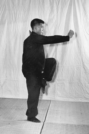 Posture 23, position de passage B (planche 23b) : le corps relevé en posture sur une jambe, la main tenue en avant