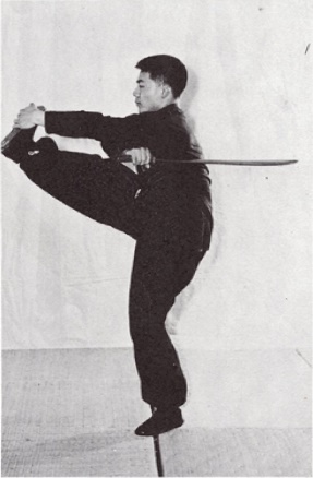 Posture 37 (planche 37) : le coup de pied tourbillon vers la gauche, le sabre ramené contre la taille gauche